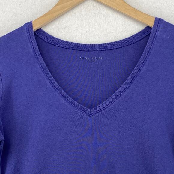 EILEEN FISHER Top S Organic Cotton Interlock Jersey V-Neck Elbow Sleeve Blue - Picture 3 of 10